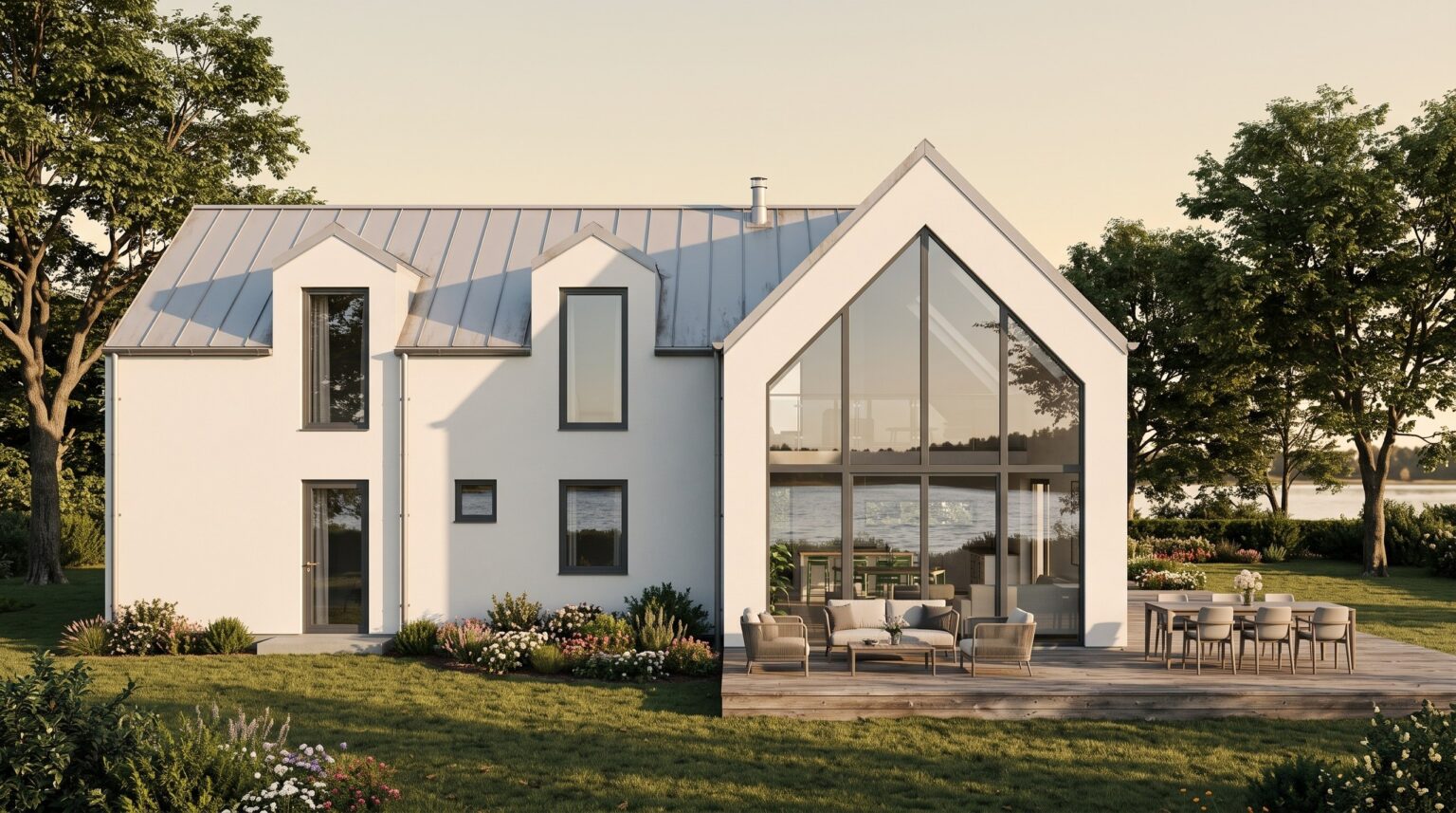 Enbär 201 – arkitektritat 1,5-planshus med ljus fasad och stora fönsterpartier