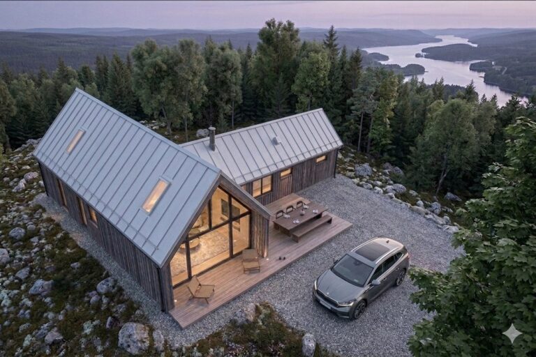 Arkitektritat trähus med plåttak i skogsmiljö