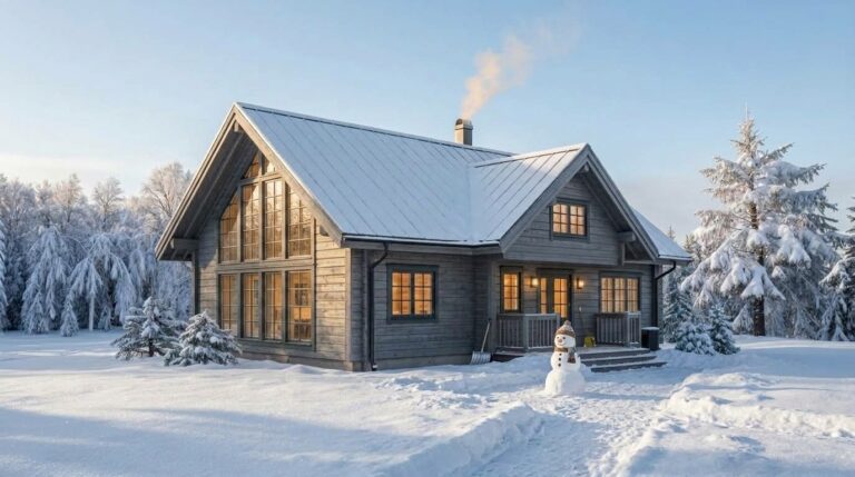Fjällsippa 155 – arkitektritat 1,5-planshus i grå träpanel med glasgavel, vinterbild