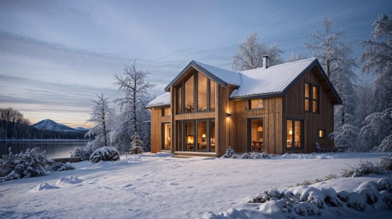 Fjällviol 173 – arkitektritat 1,5-planshus i träpanel med glasgavel, vinterbild vid sjö