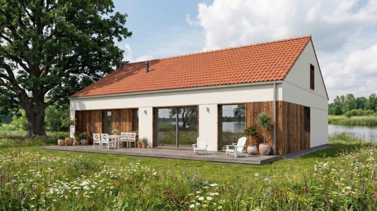 Freesia 130 – arkitektritat enplanshus med tegeltak, putsad fasad och partier i träpanel