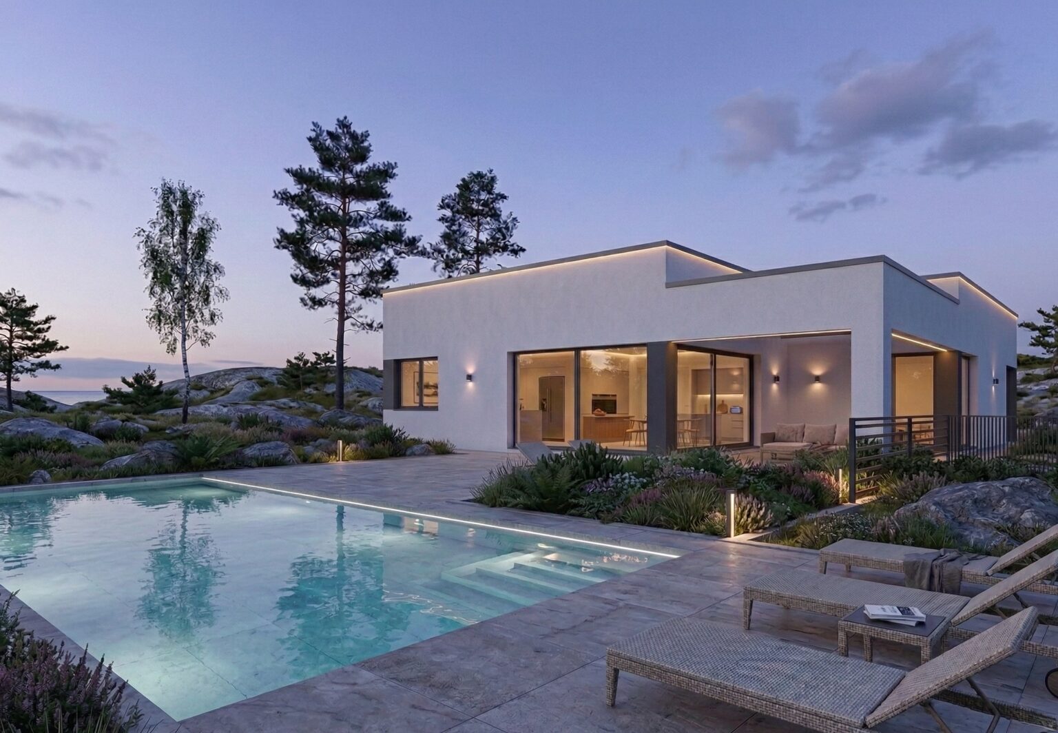 Gardenia 183 – vitt arkitektritat enplanshus med platt tak, stora glaspartier och pool