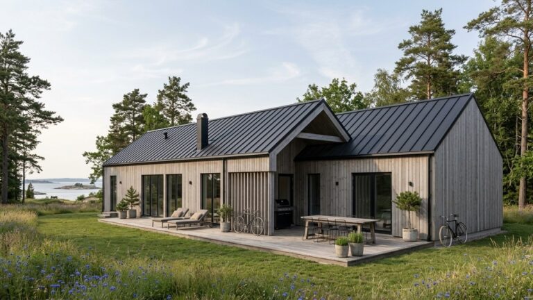 Hassel 152 – arkitektritat enplanshus med grå träpanel, svart plåttak och stor altan
