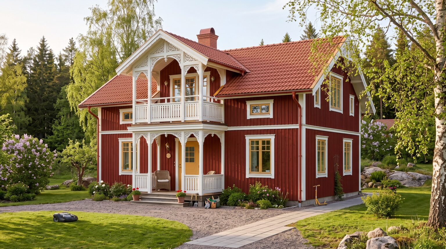 Jasmin 202 – arkitektritad 1,5-planshus i klassisk stil med röd träfasad och veranda