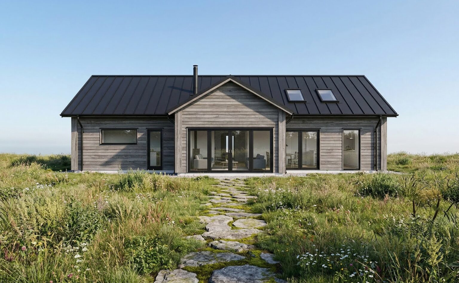 Kamomill 122 – arkitektritat enplans fritidshus med grå träfasad, sett från trädgårdssidan