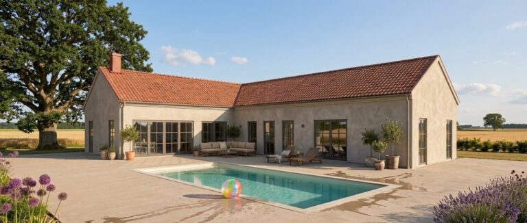 Lavendel 158 – putsat arkitektritat enplanshus med tegeltak och pool