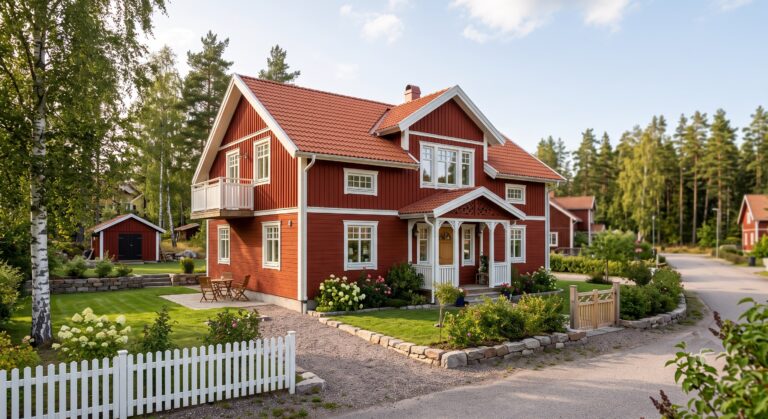 Liljekonvalj 165 – rött arkitektritat trähus i 1,5 plan med balkong