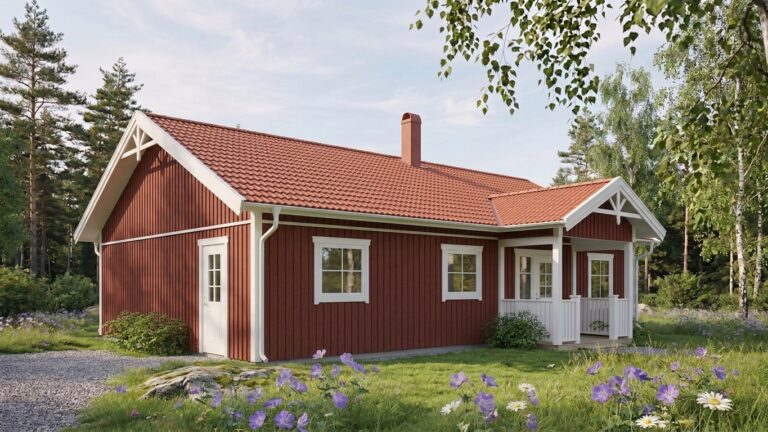 Linnea 87 – rött arkitektritat enplanshus med vita knutar, tegeltak och farstukvist