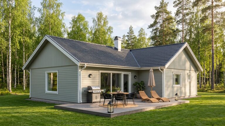 Magnolia 124 – grönt arkitektritat enplanshus i trä med vinkel och altan