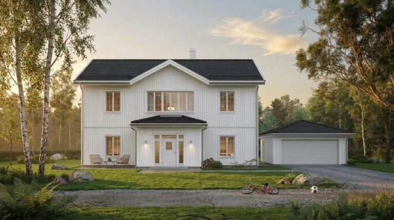 Näckros 235 – vitt arkitektritat tvåplanshus med entrétak och dubbelgarage