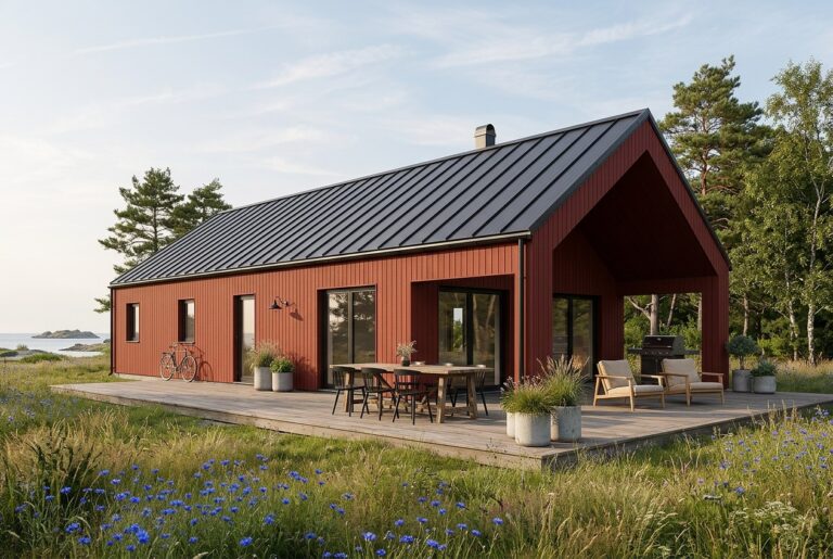 Olivia 136 – rött arkitektritat enplanshus med svart plåttak och stor altan