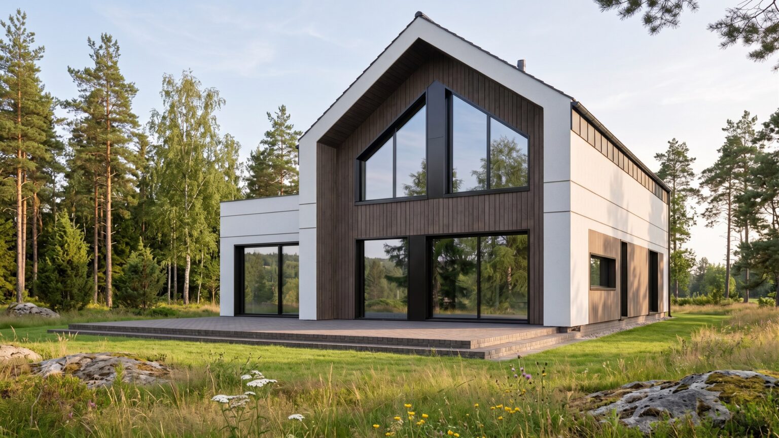 Rosmarin 219 – arkitektritat hus i 1,5 plan med glasgavel, mörk träpanel och vit puts, trädgårdssidan