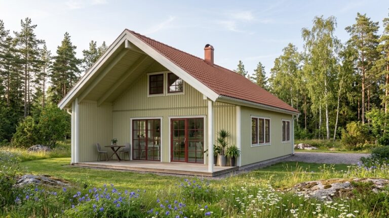 Viola 76 – litet arkitektritat hus i 1,5 plan med grön träpanel, tegeltak och altan under tak