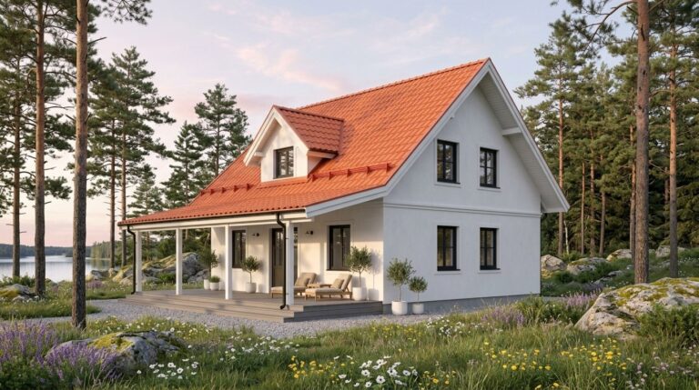 Vitsippa 136 – vitt arkitektritat 1,5-planshus med tegeltak, takkupa och veranda